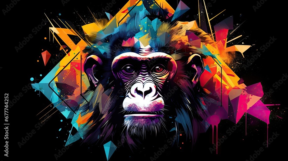 Poster a monkey's face with colorful paint splatters on it's face and a triangle on the back of its head, w