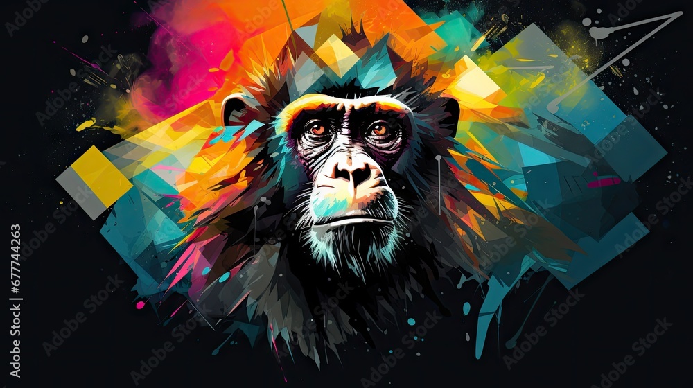 Aufkleber a monkey's face with colorful paint splatters on it's face and a geometric design on the back of its