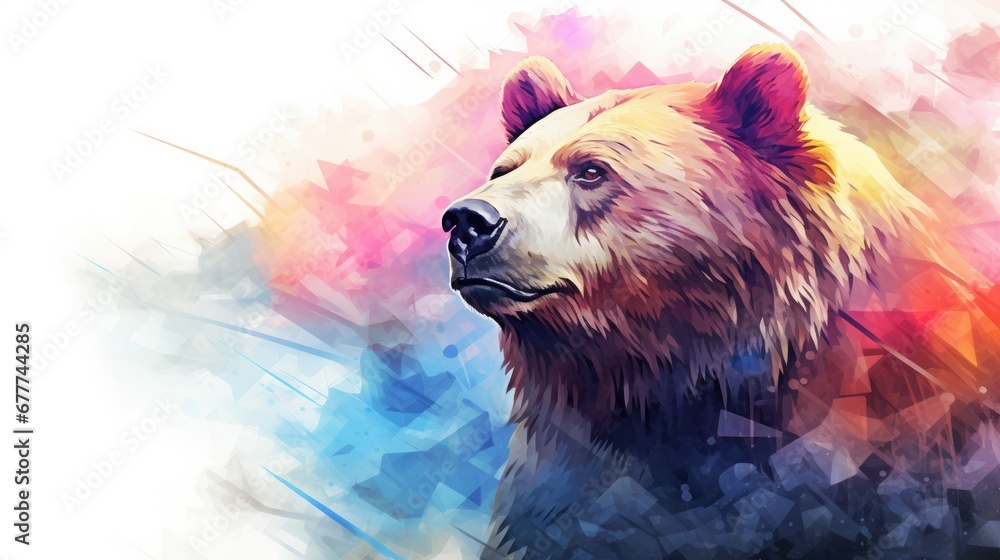 Poster a close up of a bear's face on a white background with a multicolored splash of paint on the left si