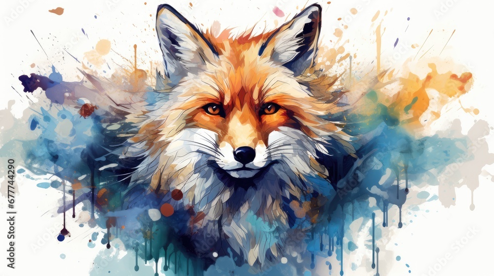 Poster a close up of a fox's face with watercolor paint splatches on the side of the face and behind it is 