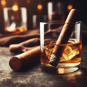 whiskey and cigar on a wooden table on simple background