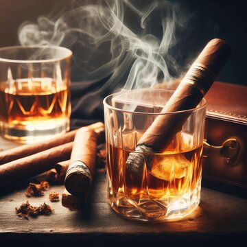 whiskey and cigar on a wooden table on simple background