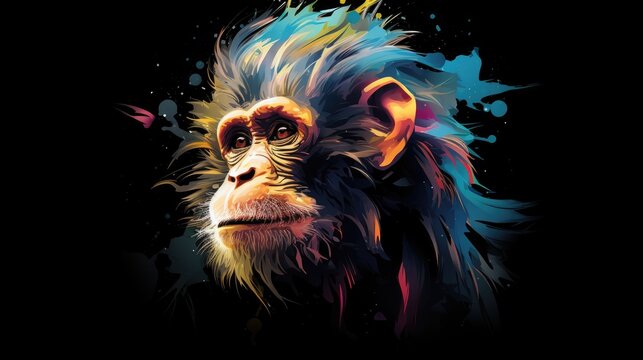  a close up of a monkey's face with paint splatters on it's face and on the back of it's face is a black background.  generative ai