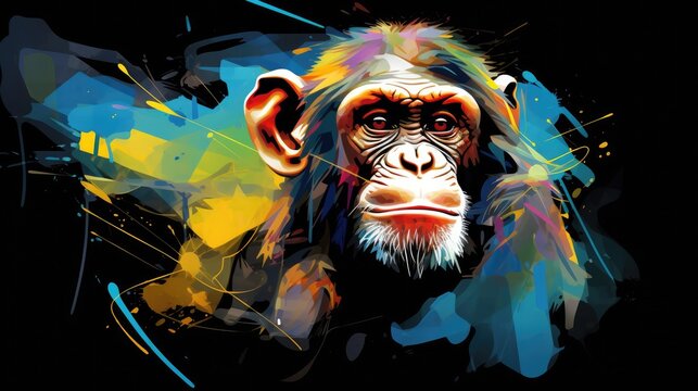  a painting of a monkey with colorful paint splatches on it's face and a black background with blue, yellow, red, green, orange, yellow, and pink, and blue colors.  generative ai