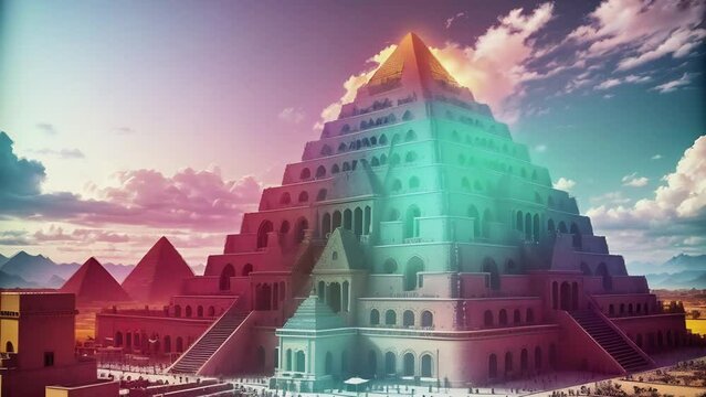 Pyramids in desert. High pyramids and sand dunes at sunset. Bright animation of ancient civilization pyramids with image transformations and metamorphose. AI generated video