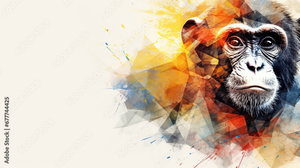 Poster a close up of a monkey's face with colorful paint splatches on it's face and a white background with