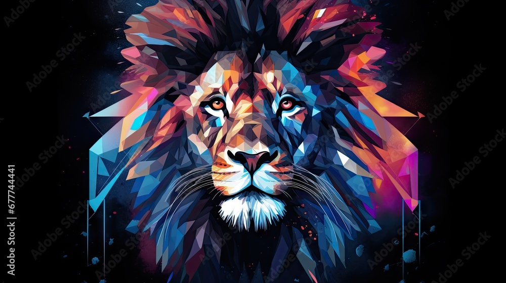 Poster a close up of a lion's face on a black background with a colorful design on the front of the lion's 