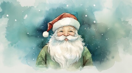  a watercolor painting of a santa claus wearing a green shirt and a red santa hat with a snowflake on it's head and a blue background.  generative ai
