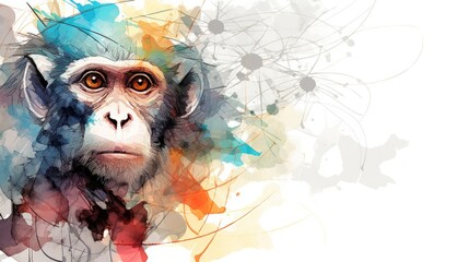  a watercolor painting of a monkey's face with a splash of paint splattered on it's face and the monkey's face is looking to the side.  generative ai