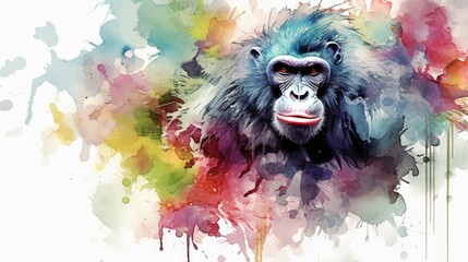  a watercolor painting of a monkey's face with colorful paint splatters on it's face and a red, white, blue, green, yellow, pink, and red, and black monkey's head.  generative ai