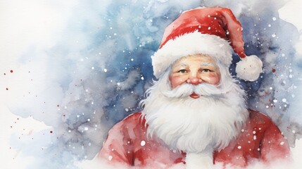  a watercolor painting of a santa clause wearing a red and white suit with a white beard and a red and white santa hat with snow flakes on it.  generative ai