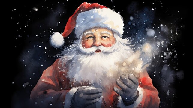  a painting of a santa clause holding something in his hand while wearing a red and white hat and holding something in his right hand with snow falling on the ground.  generative ai