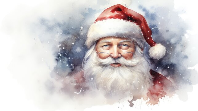  a watercolor painting of a santa clause wearing a red and white santa claus hat with his eyes closed and nose painted with watercolors on a white background.  generative ai