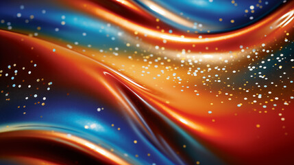 Fototapeta na wymiar Abstract wavy background with a blend of blue and orange hues sprinkled with glittering particles.