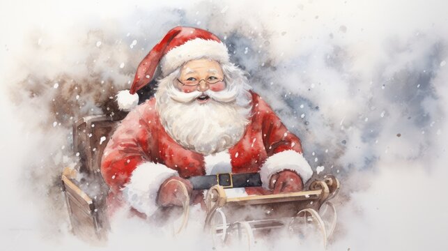  a painting of a santa claus sitting in a sleigh with a bag of presents in his hand and a bag of presents in his other hand in his other hand.  generative ai