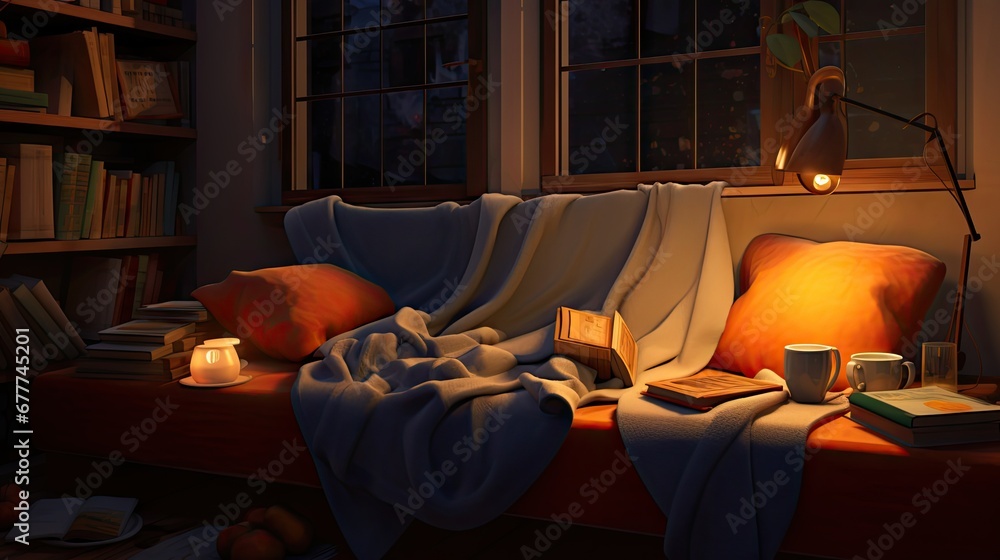 Poster a painting of a cozy room with a book, candle, and bookshelf in the window and a blanket on the couc
