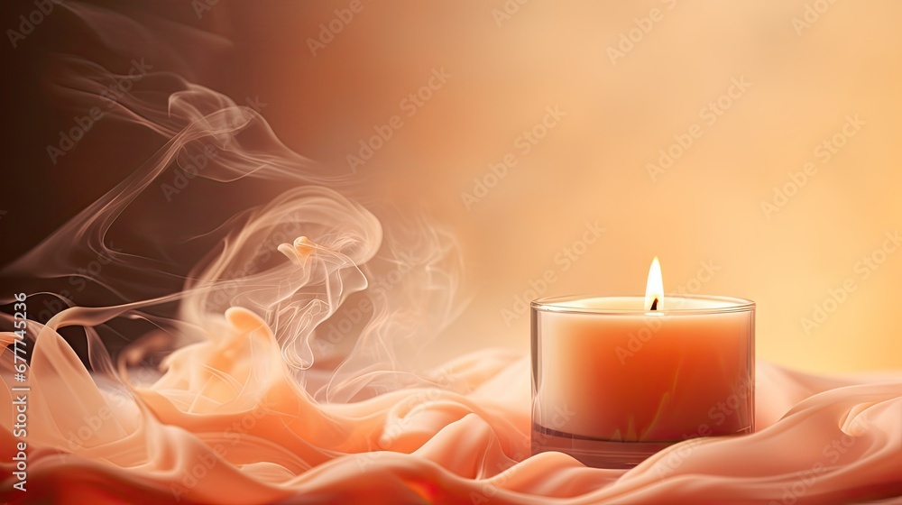 Poster a lit candle sitting on top of a table next to a pile of smoke and a cloth on top of a table with a 