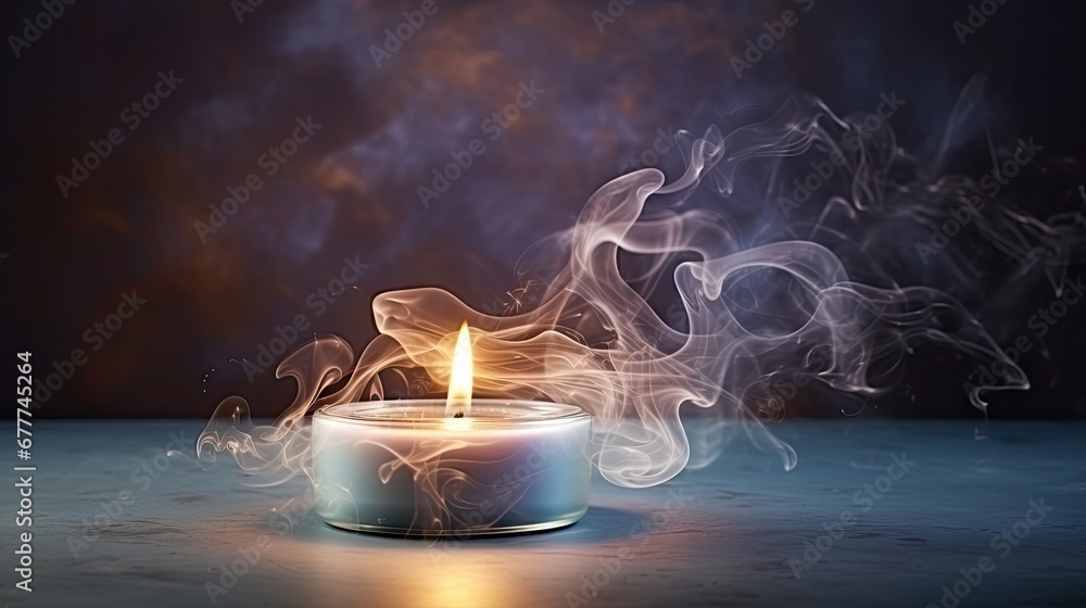 Poster a candle that is sitting on a table with smoke coming out of the top of it and on top of the table i