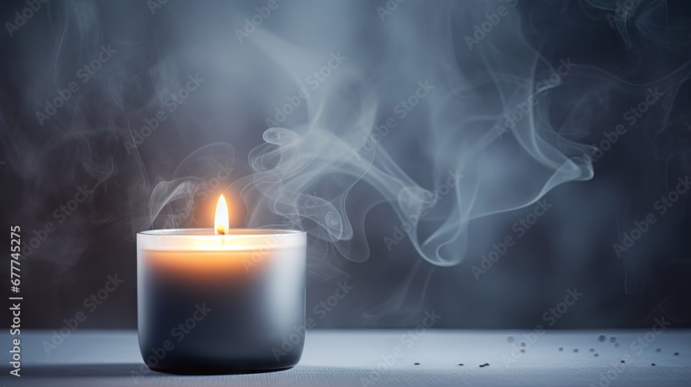 Poster a lit candle sitting on top of a table with smoke coming out of the top of the candle and on top of 