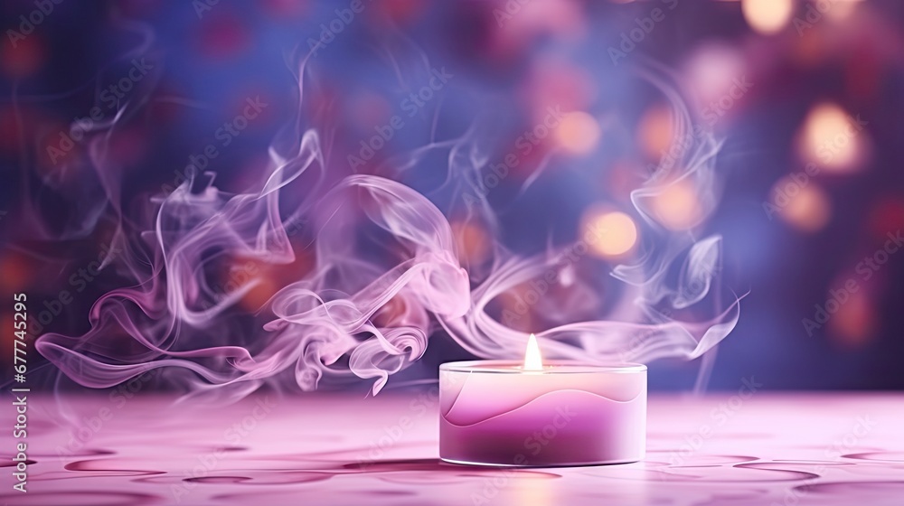 Poster a candle that is sitting on a table with a lot of smoke coming out of it and on top of the table is 