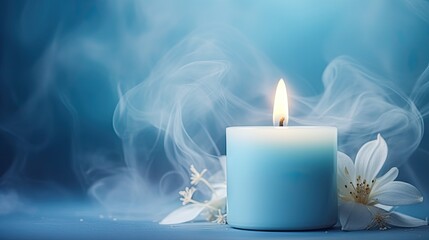  a lit candle sitting on top of a table next to a flower on top of a blue surface with smoke coming out of the top of the candle and a white flower.  generative ai