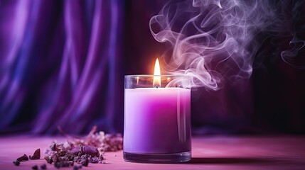 Obraz na płótnie Canvas a lit candle sitting on top of a table with smoke coming out of the top and on top of the table is a pile of dried flowers and a purple cloth. generative ai