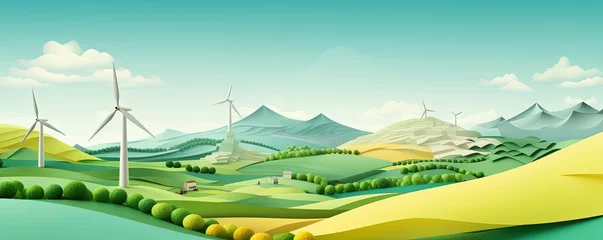 Deurstickers sustainability, zero carbon, net zero, negative carbon, landscape wind turbine, Generative AI © kanesuan