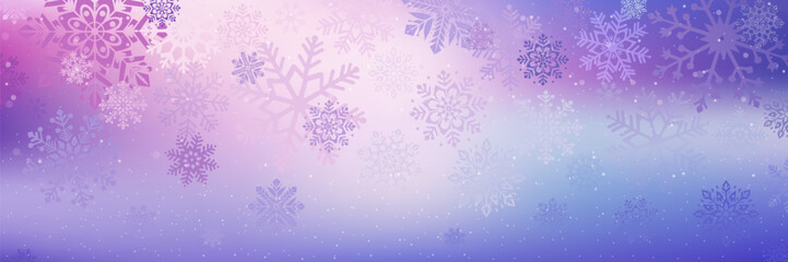 Fototapeta na wymiar Purple Christmas banner with snowflakes. Merry Christmas and Happy New Year greeting banner. Horizontal New Year background, headers, posters, cards, website. Gentle colors.