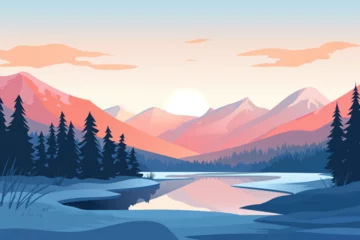 Zelfklevend Fotobehang Beautiful winter sunset in the mountains. Amazing mountain lakes and forest against the backdrop of stunning mountains. Christmas or New Year design. © LoveSan
