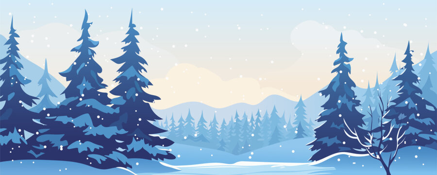 Landscape of a winter day in the forest against the background of mountains. Beautiful winter trees rise high above the snowdrifts against the background of high mountains, blue sky and large clouds. 