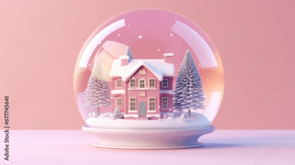 Poster a snow globe with a pink house in the middle of it and trees in the middle of the globe in front of 