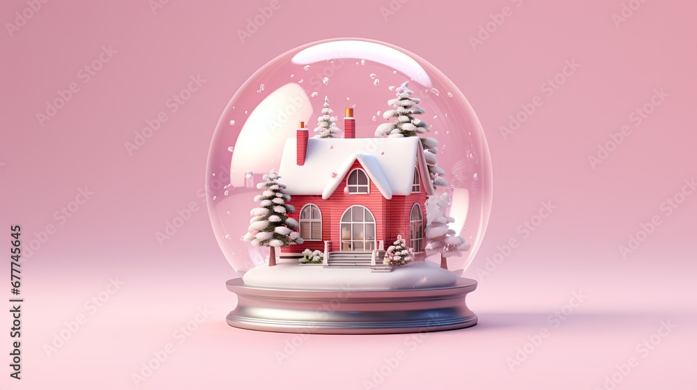 Aufkleber a snow globe with a red house in the snow on a pink background with snowflakes on the roof and trees
