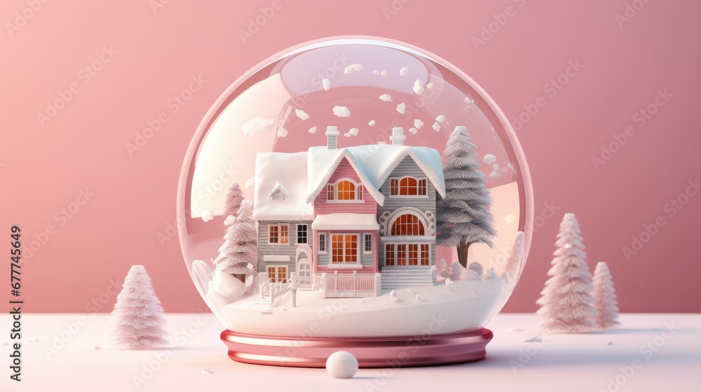 Poster a snow globe with a house in the middle of it and trees in front of it and a pink wall in the back g