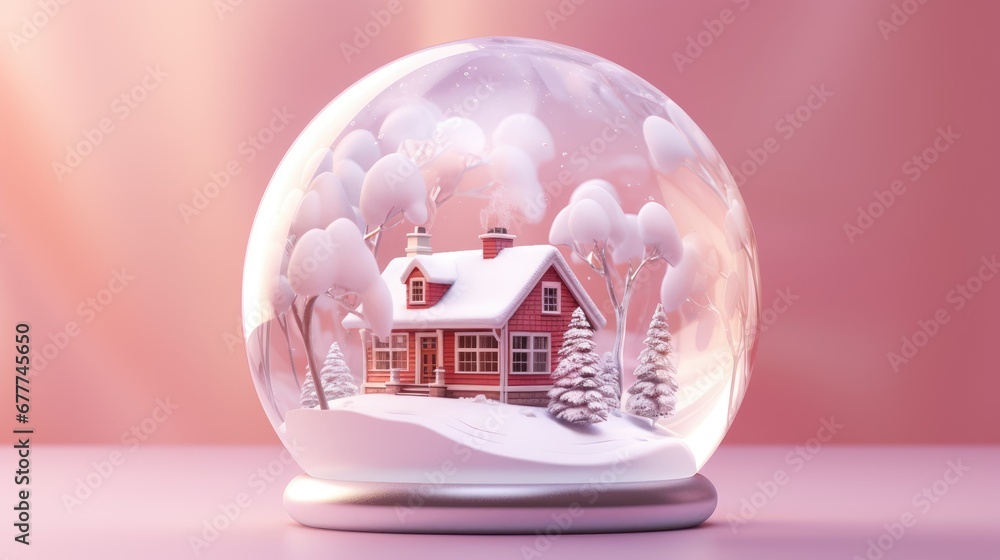 Poster a snow globe with a house in the middle of it and trees in the snow in front of the snow covered gro