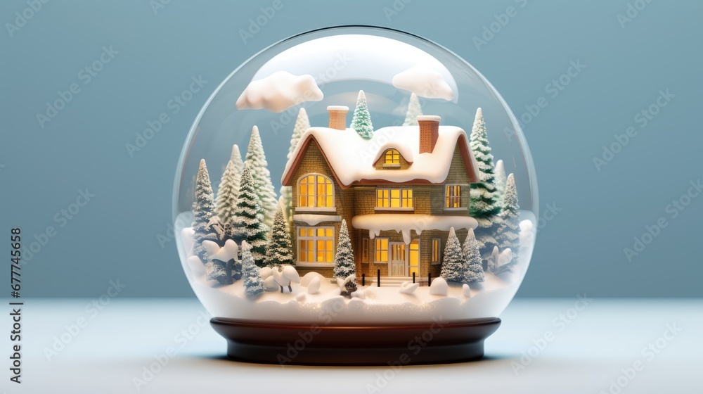 Poster a snow globe with a house in the middle of it and snow on the ground in front of the house and trees
