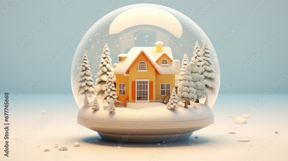 Poster a snow globe with a house in the middle of it and snow on the ground and trees in front of the snow 