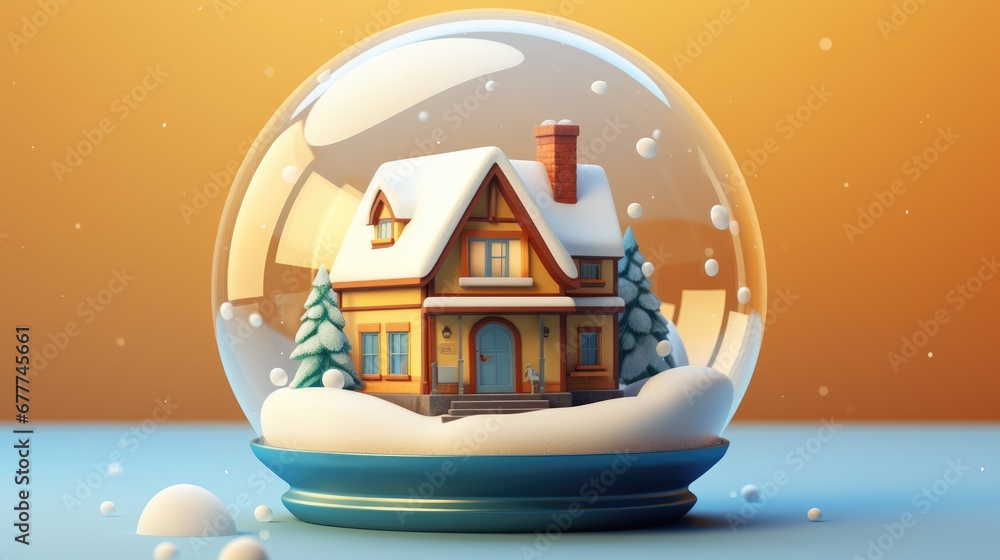 Poster a snow globe with a house in the middle of it and snow on the bottom of the globe, and snow on the b