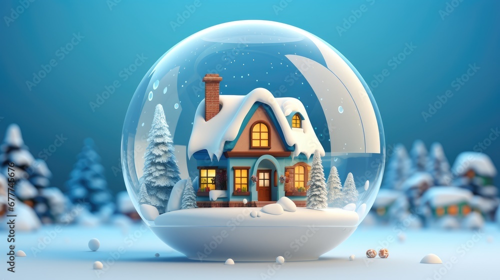 Poster a snow globe with a house in the middle of it and snow on the ground and trees in front of it, and a