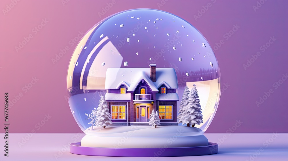 Poster a snow globe with a house in the middle of it and snow on the ground and trees in front of it and a 