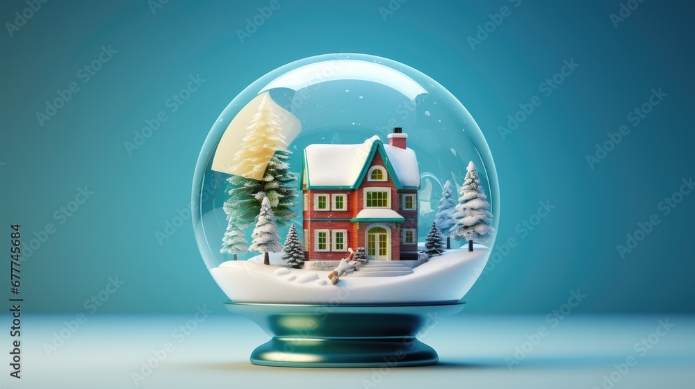 Poster a snow globe with a house in the middle of it and trees in the snow in the middle of the globe, on a