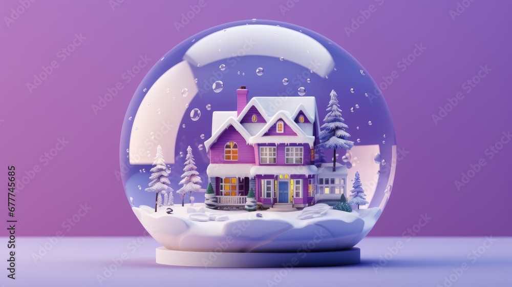 Poster a snow globe with a house in the middle of it and snow on the ground in front of a purple background