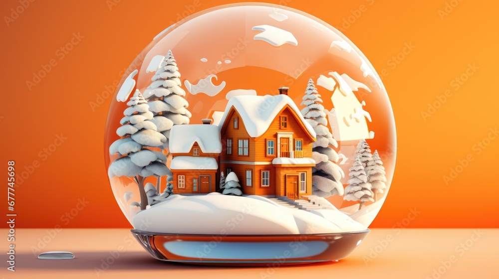 Poster a snow globe with a house in the middle of it and snow on the ground in front of the house and trees