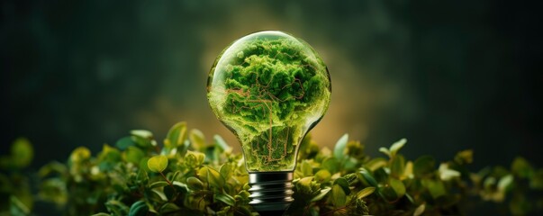 Renewable Energy.Environmental protection, renewable, sustainable energy sources. The green world map is on a light bulb that represents green energy Renewable energy, Generative AI - obrazy, fototapety, plakaty