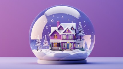  a snow globe with a house in the middle of it and snow on the ground in front of a purple background with snow on the bottom and bottom of the globe.  generative ai
