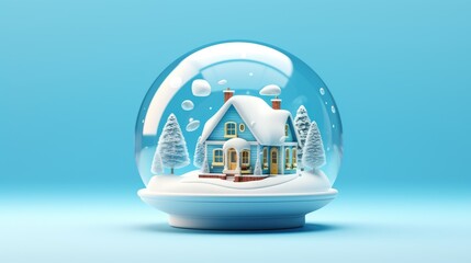  a snow globe with a house in the middle of it and snow falling off the roof and trees in front of it, on a blue background with snowing.  generative ai