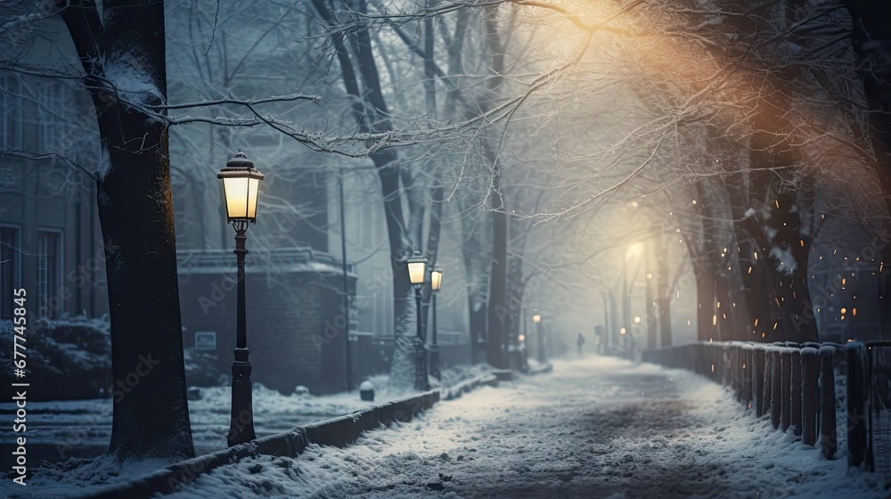 Poster a snowy street with a light post and street lamp on the side of the road in front of a row of trees 
