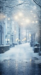  a city street is covered in snow and street lamps are on either side of the street and street lamps are on either side of the street and on the sidewalk.  generative ai