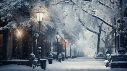  a snowy street with a couple of people sitting on a bench under a street light and a street lamp on the side of the street with snow on the ground.  generative ai