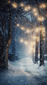  a city street covered in snow with a lot of lights hanging from the top of the trees on either side of the street and on the other side of the street.  generative ai