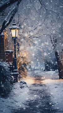 a snowy street with a lamp post and street light in the foreground and trees on the other side of the street, with snow falling on the ground and in the foreground.  generative ai